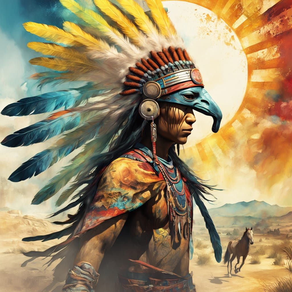 Native American Youth Rides Horse in Vibrant Desert Landscap...