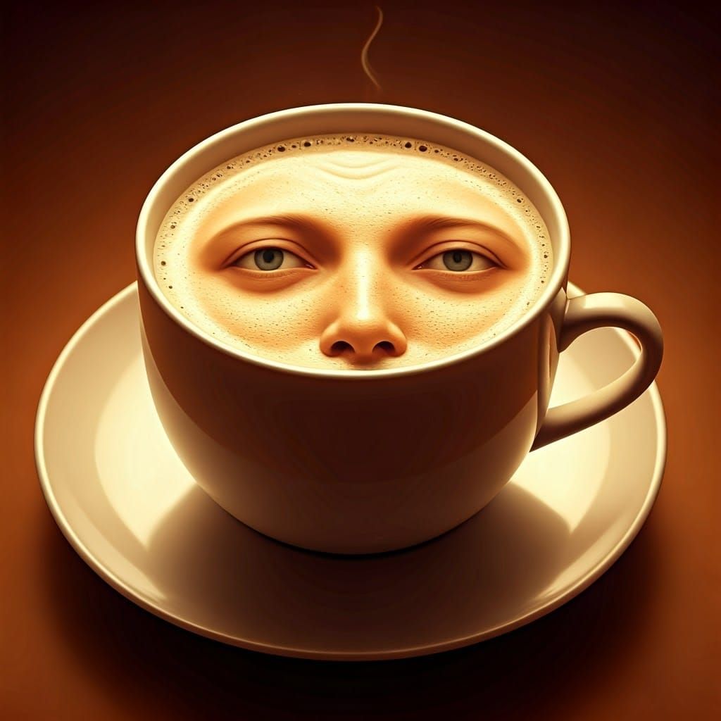 Surreal Tea Cup with Face, Unsettling Dreamscape