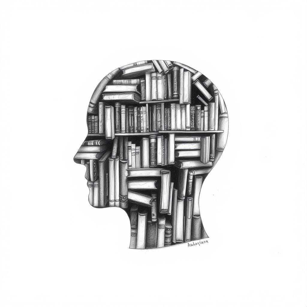 Books Replace Brain in Hyperdetailed Charcoal Drawing