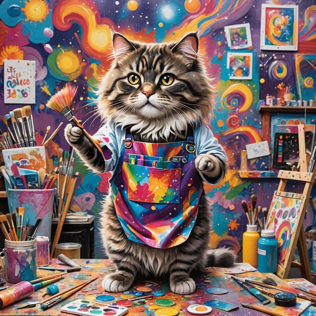 Fluffy Cat Painting in Graffiti Art Studio