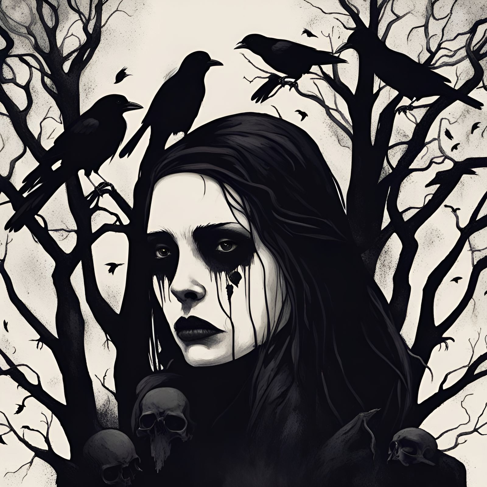 Eerie Scene: Dark Woman with Crows and Skulls
