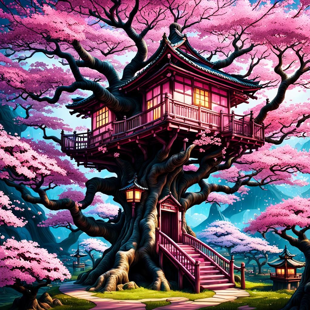 Enchanted Cherry Blossom Treehouse in Japanese Style