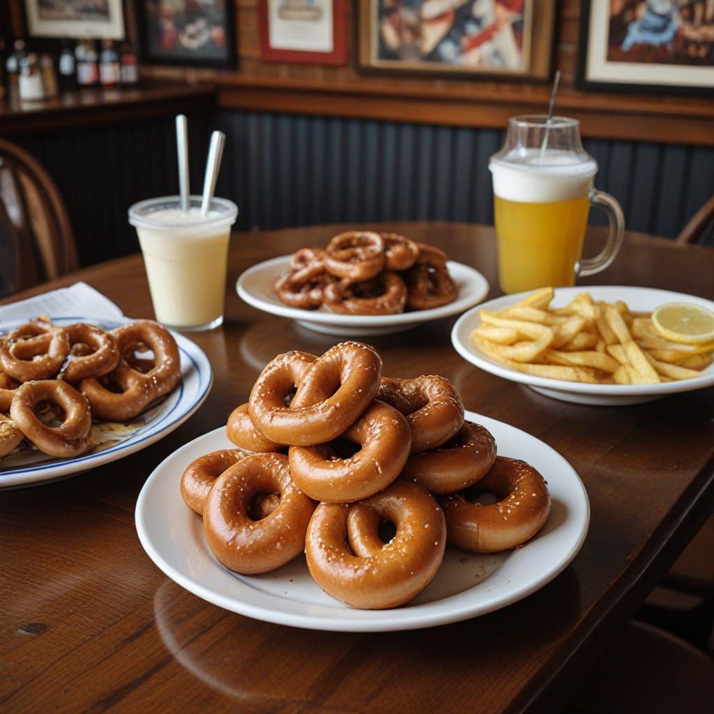 Warm Pretzels with Mustard and Sour Cream in Sports Bar