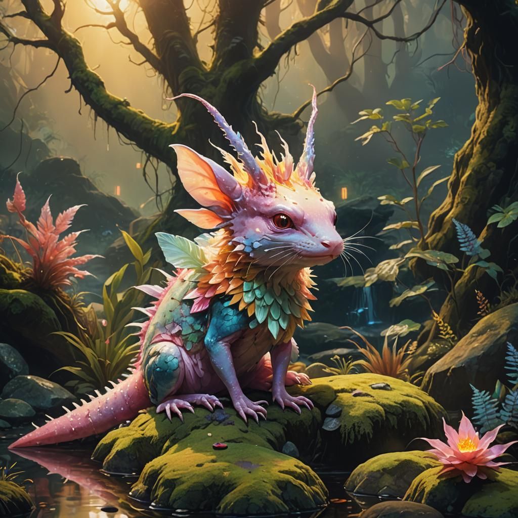 Axolotl Kitsune Harpy in Vivid Oil Painting