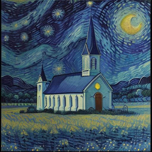 Church in Starry Field: Van Gogh-Inspired Abstract Art