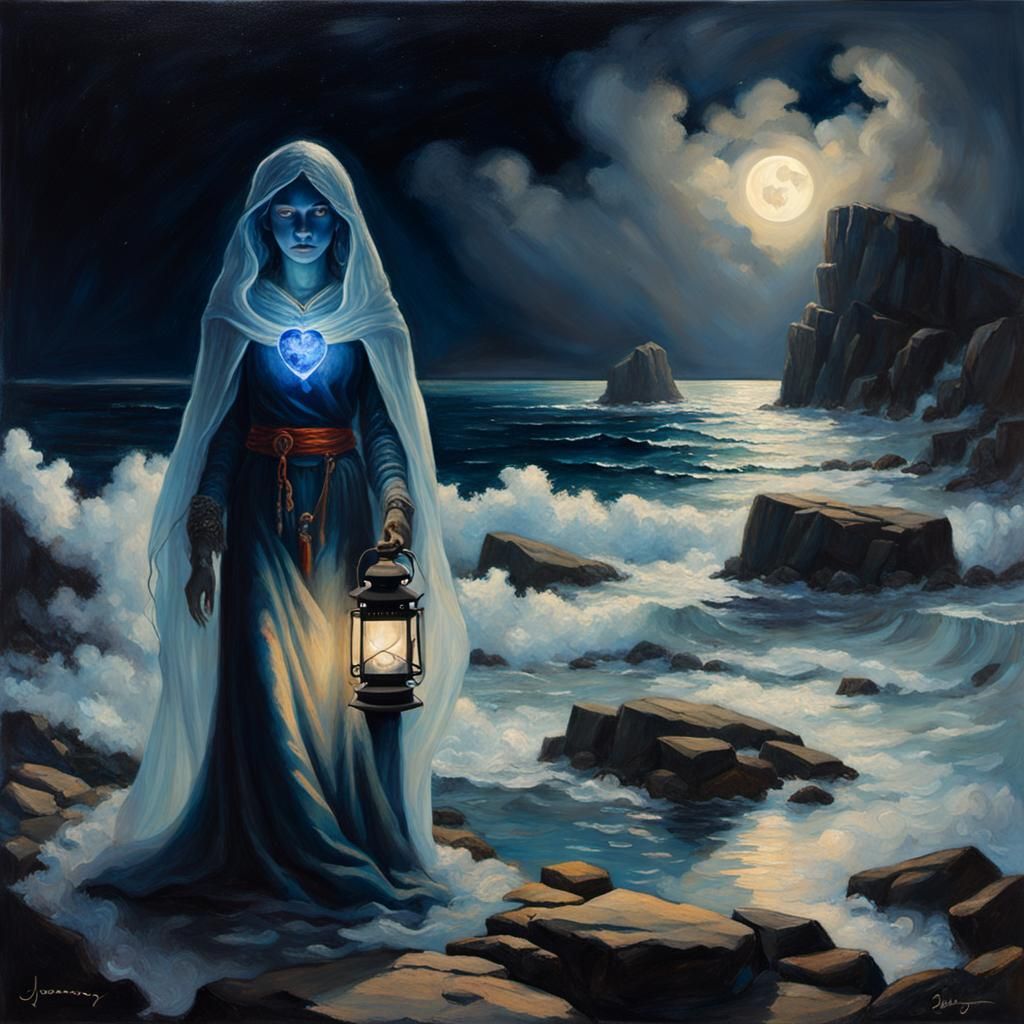 Ethereal Smoke Woman with Lantern by the Sea