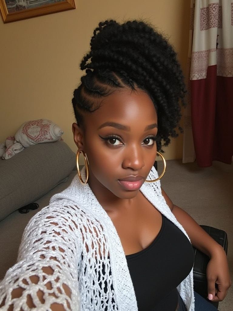 Radiant Woman in Golden Brown Skin, Dark Hair, and Bold Acce...