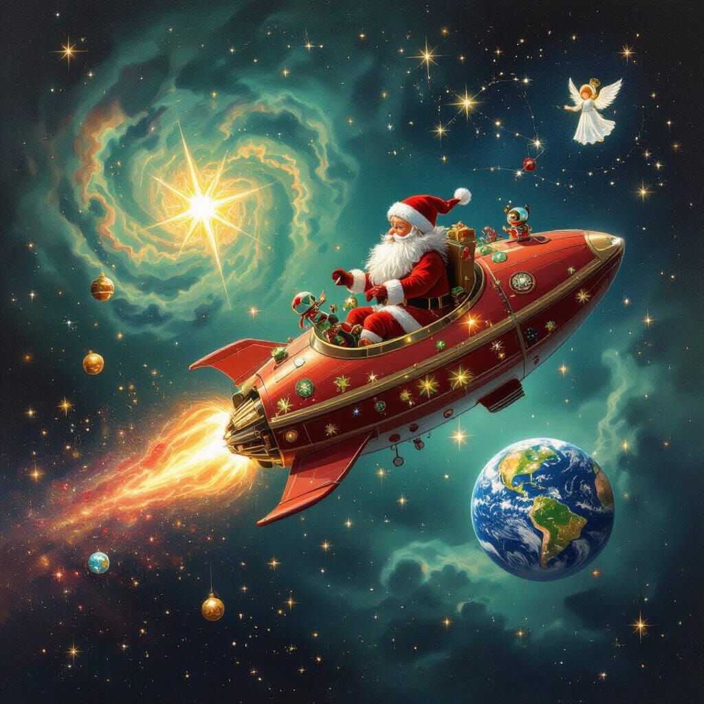Eco-Santa's Christmas Spaceship Adventure in Cosmic Nebula
