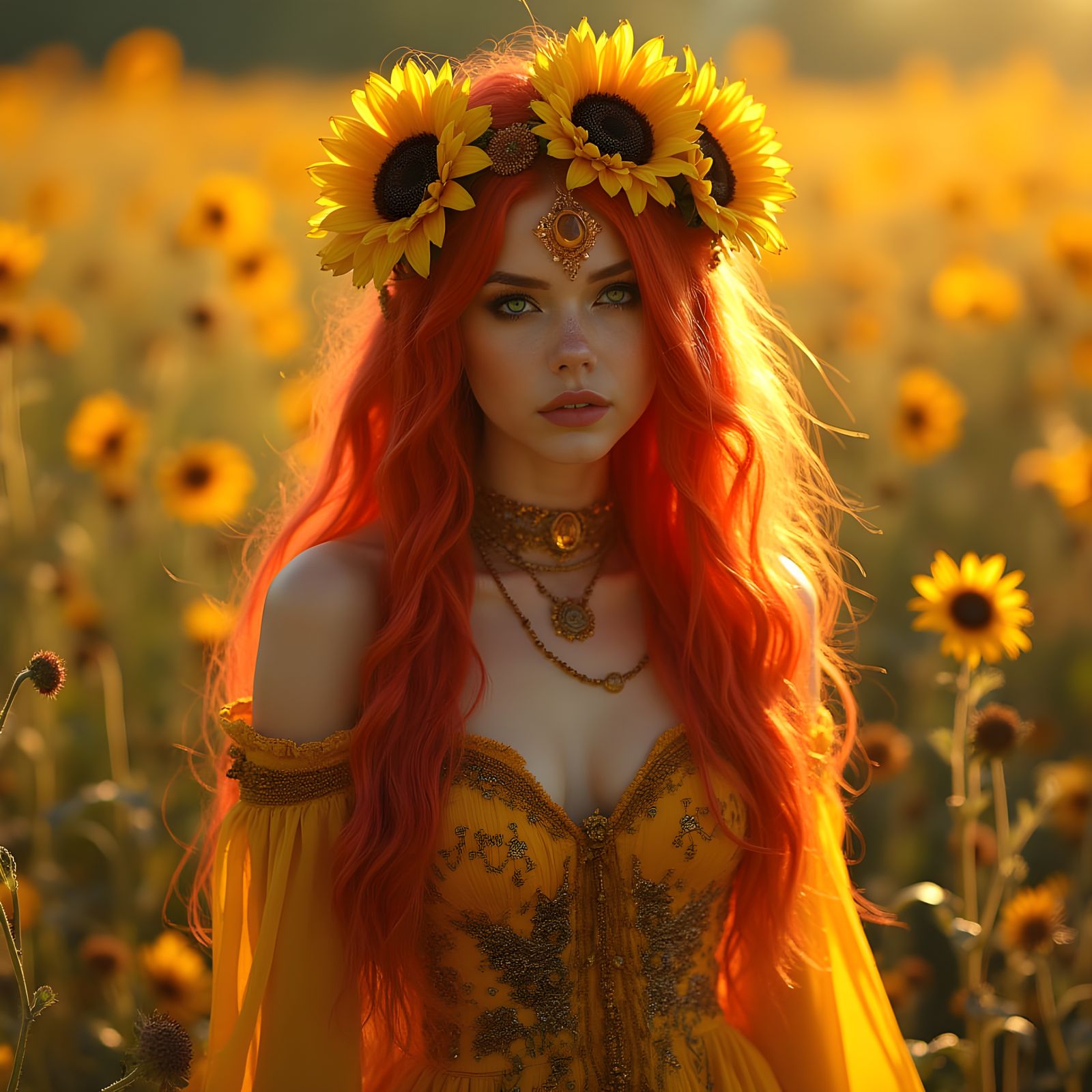 Red Demoness in Wildflower Field: Gothic Art