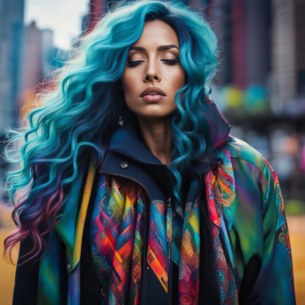 Woman with Cityscape in Mixed-Media Style