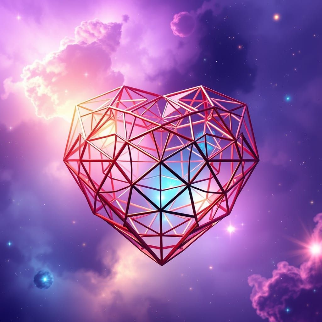 Geometric Heart in Nebula: Digital Art