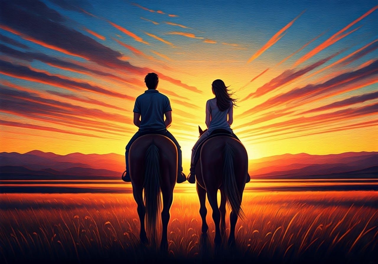 Couple Riding into Sunset: Colored Pencil Drawing