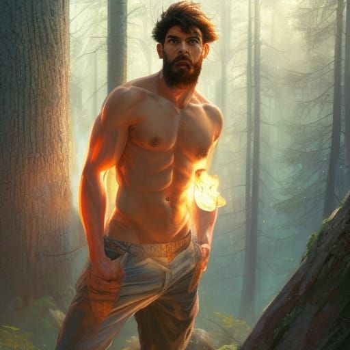 Shirtless Man in a Fiery Forest: Hyperdetailed Portrait