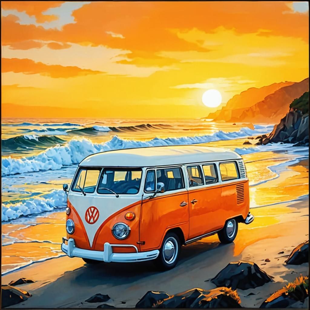 Sunset at the Beach with Classic VW Van