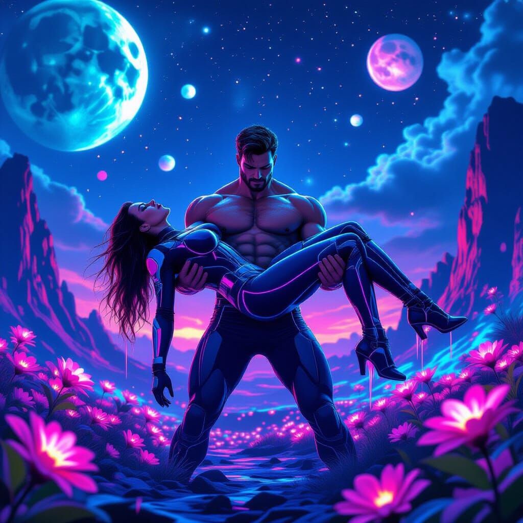 Synthwave Hero Rescues Damsel on Alien Planet