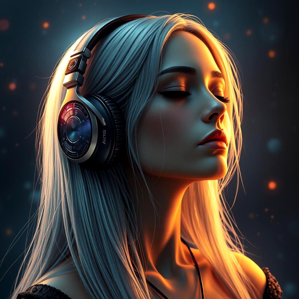 Ethereal Woman Listening to Music: Hyperdetailed Portrait
