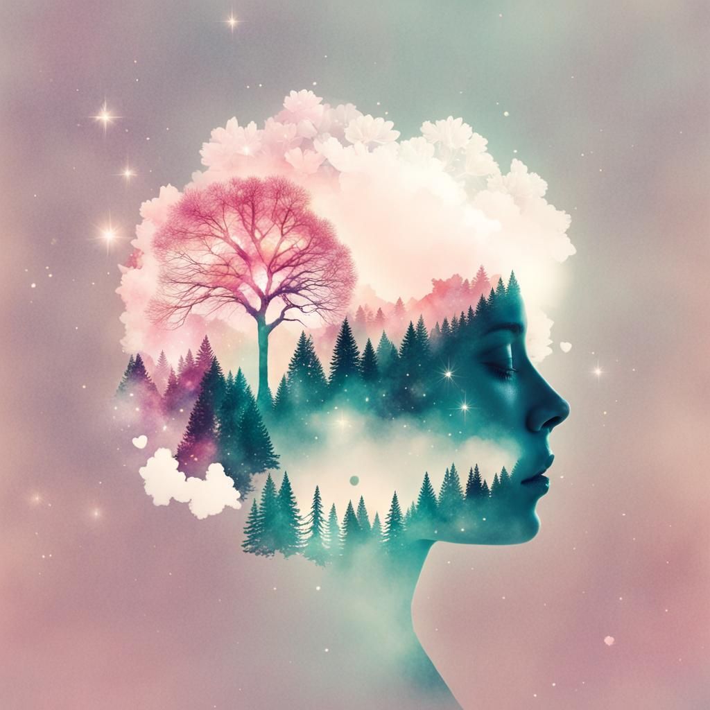 Double Exposure Celestial Floral Watercolor Art