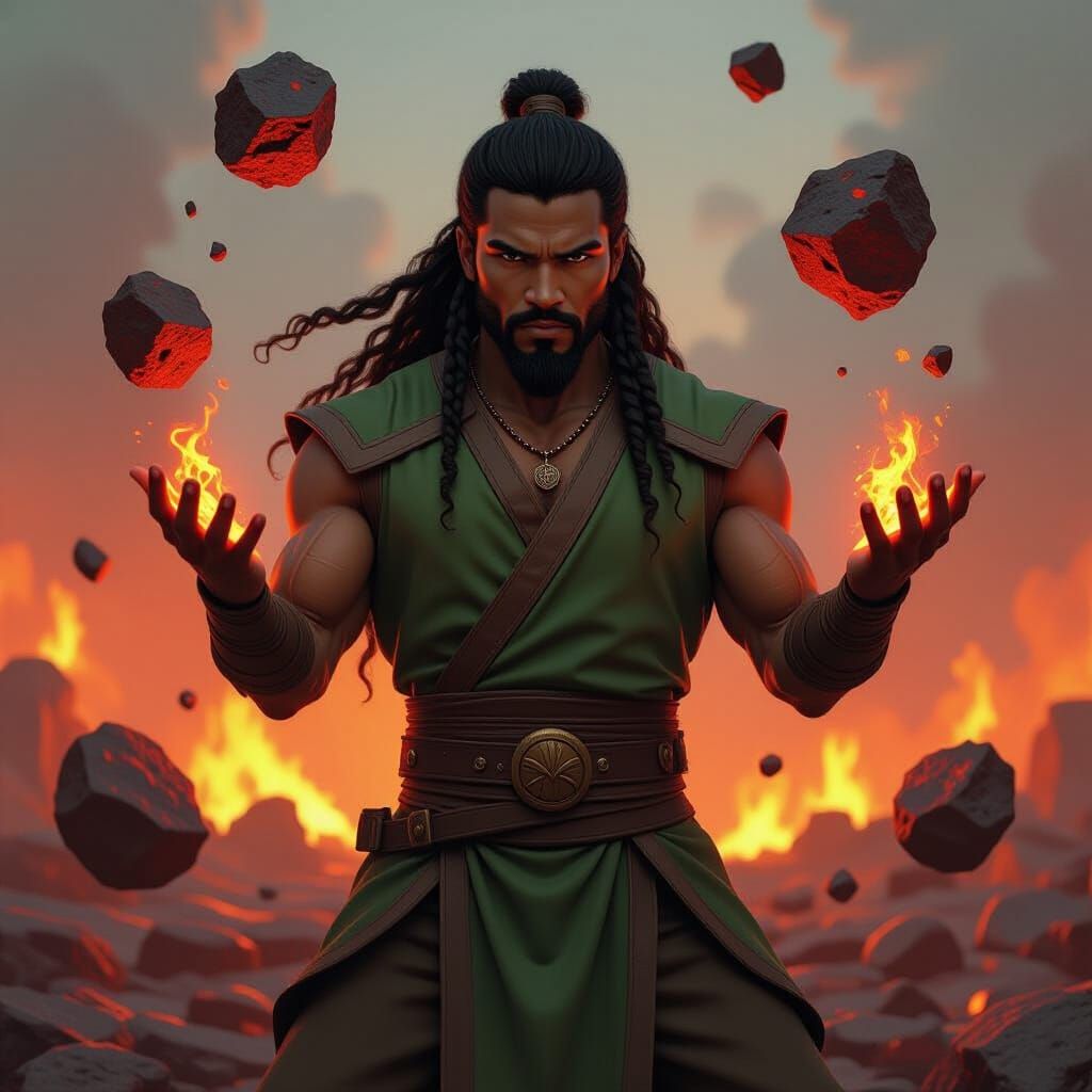 Earthbender Levitating Lava Rocks in Fiery Battlefield