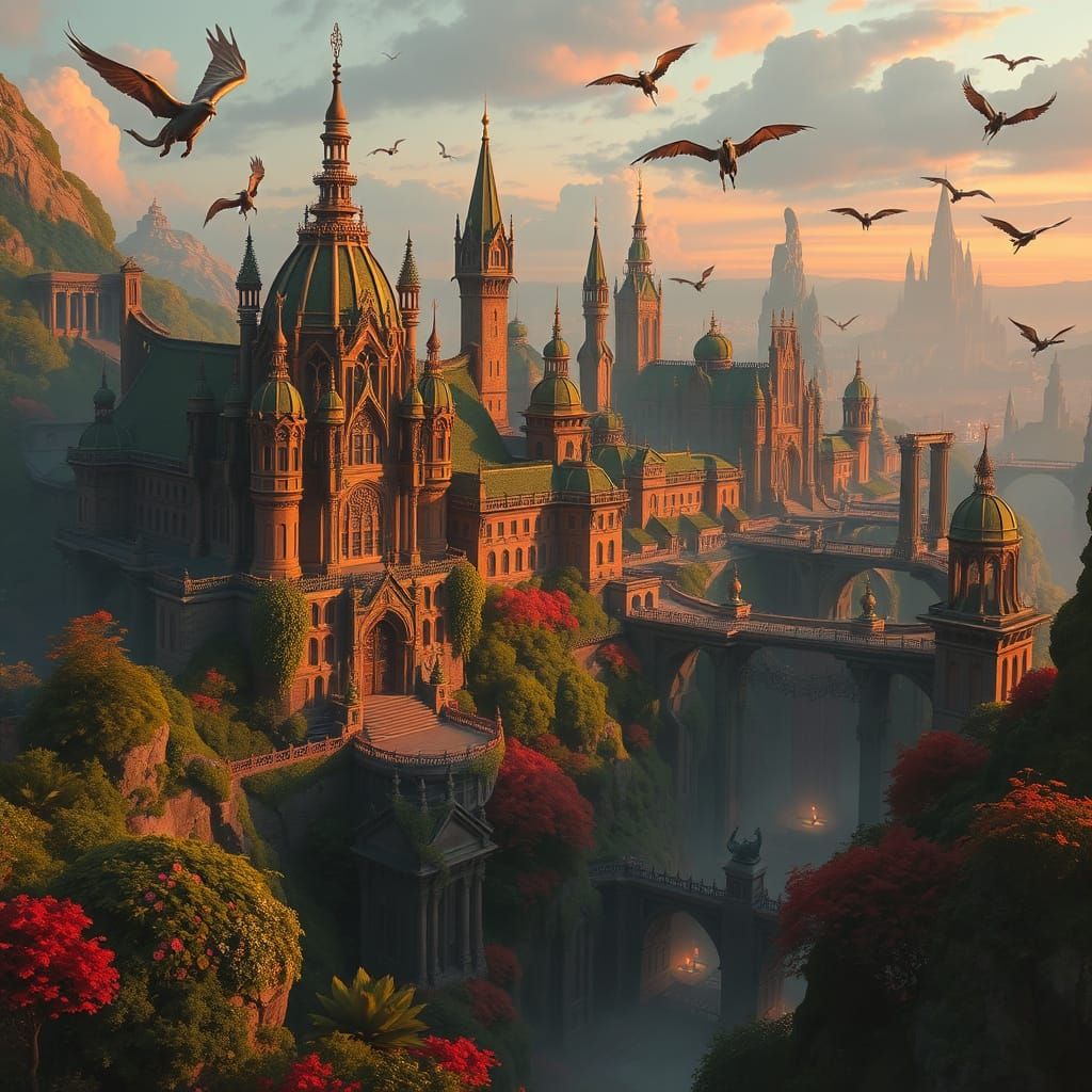 Fantasy Cityscape at Twilight with Flying Wonders