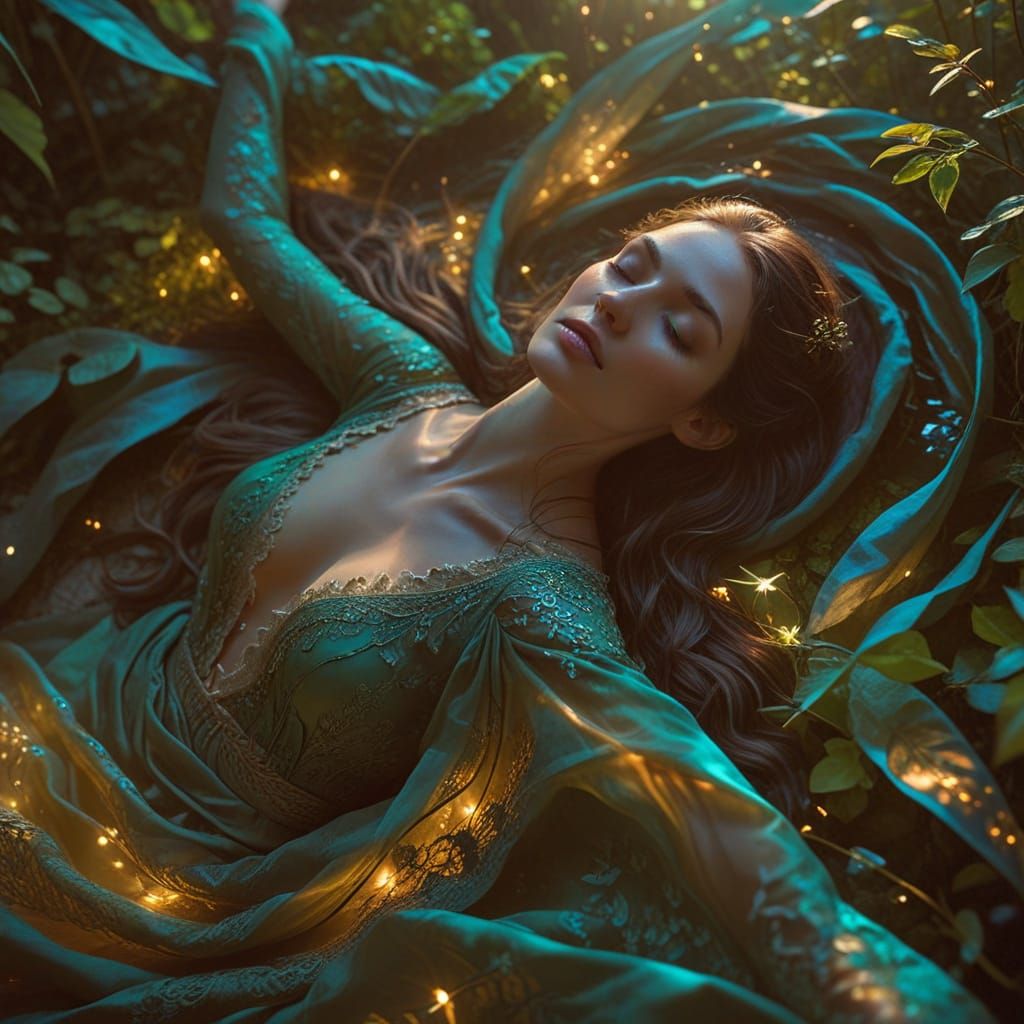 A Dreamy, Ethereal Woman in a Lush Green Oasis