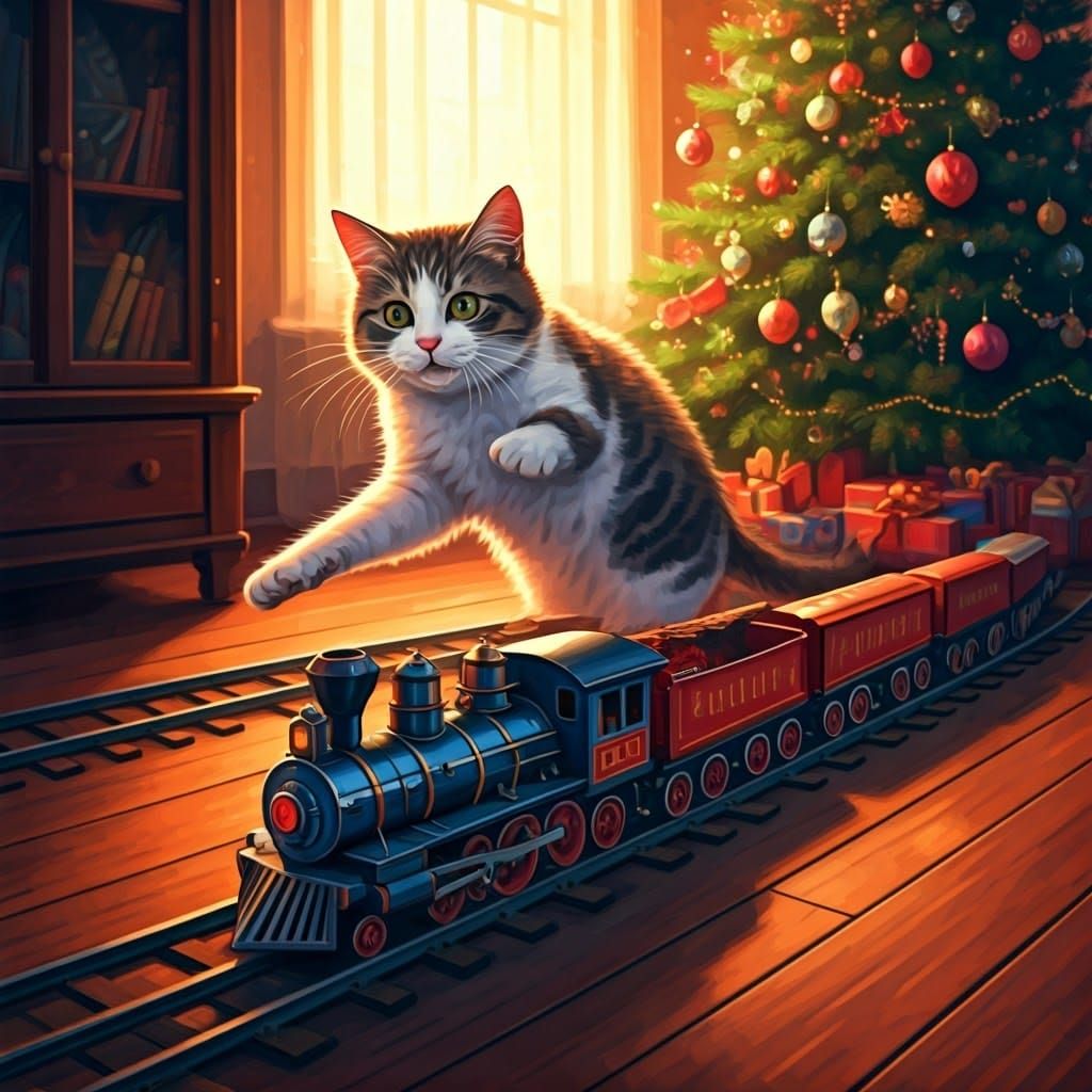 Whimsical Christmas Scene with Cat Attacking Toy Train