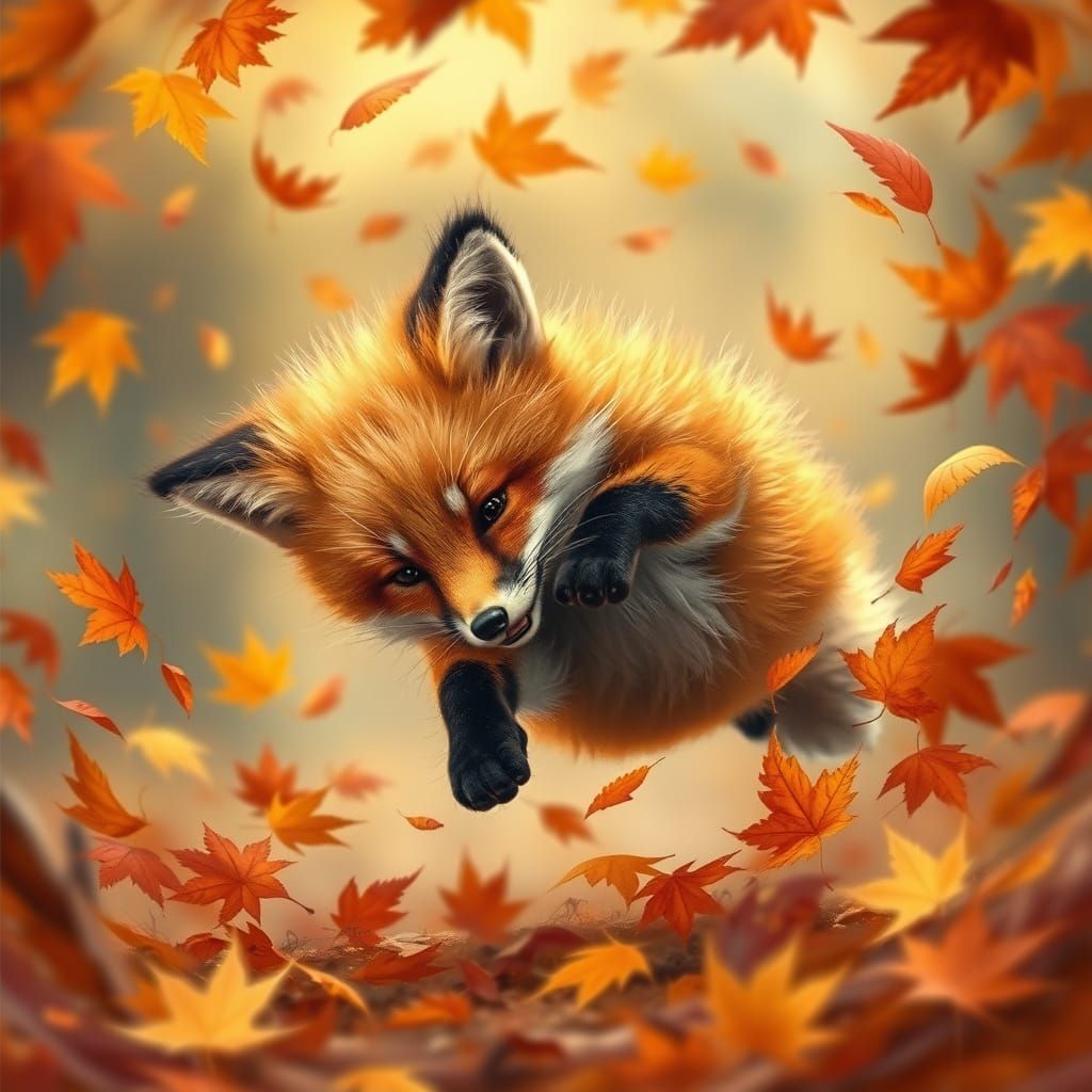 Playful Fox Cub Tumbles Through Autumn Leaves in Digital Pai...