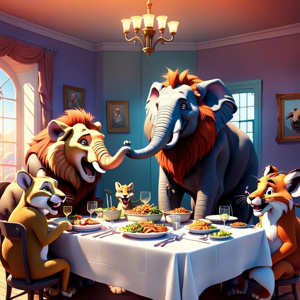 Animal Family Dinner in 3D Digital Art Style