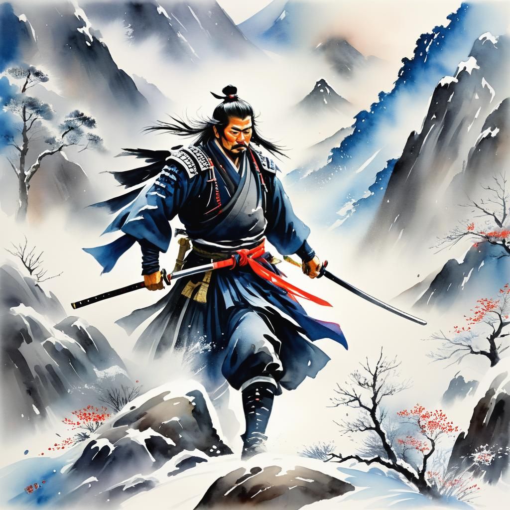 Samurai in Blizzard: A Watercolor Painting