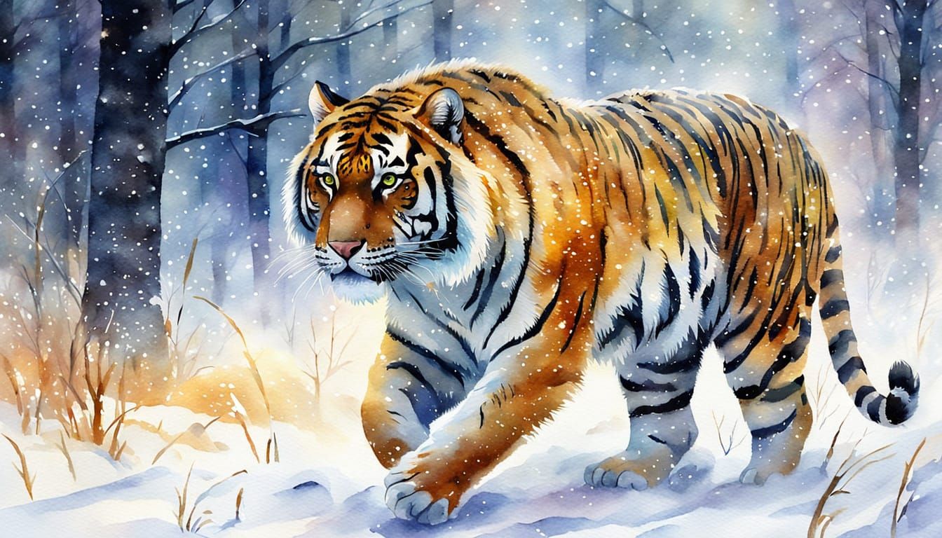 Vibrant Watercolor Tiger in Snowy Forest