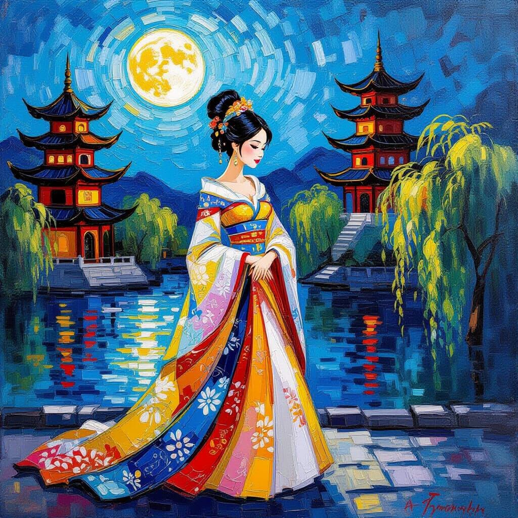 Cinderella in Tang Dynasty China, Neo-Impressionist Oil Pain...