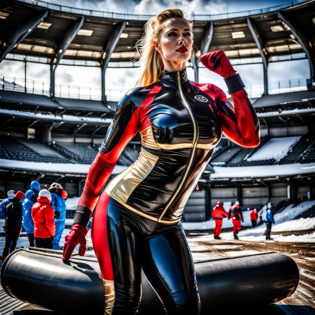 Blonde Woman in Latex Santa Outfit, HDR Photo
