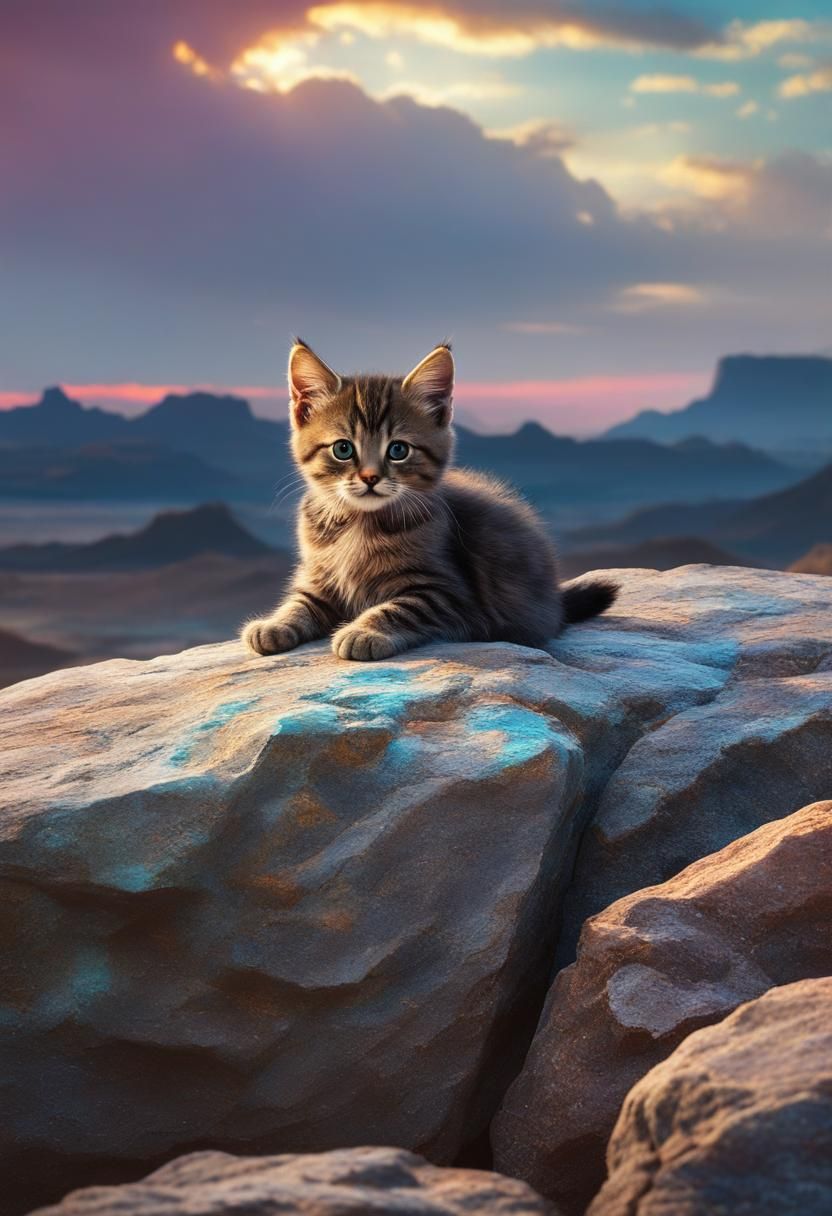 A Grumpy Kitten sitting on a rock, stunning desert sunset. Endless landscape view.