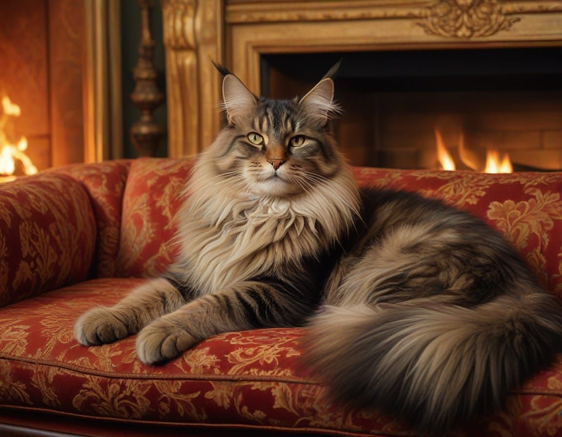 A smoke colored large Mainecoon cat reclining on a settee in...