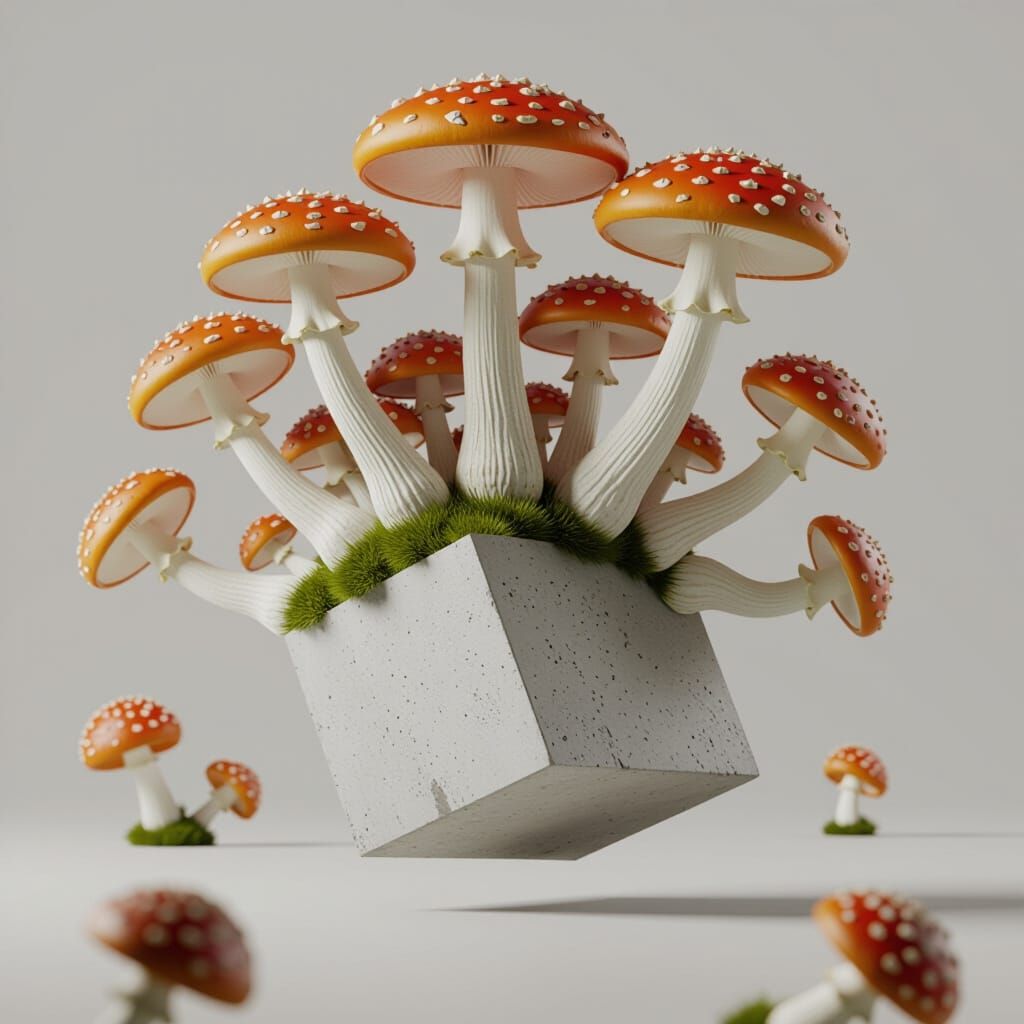 Hyperrealistic Mushrooms on Levitating Concrete Cube