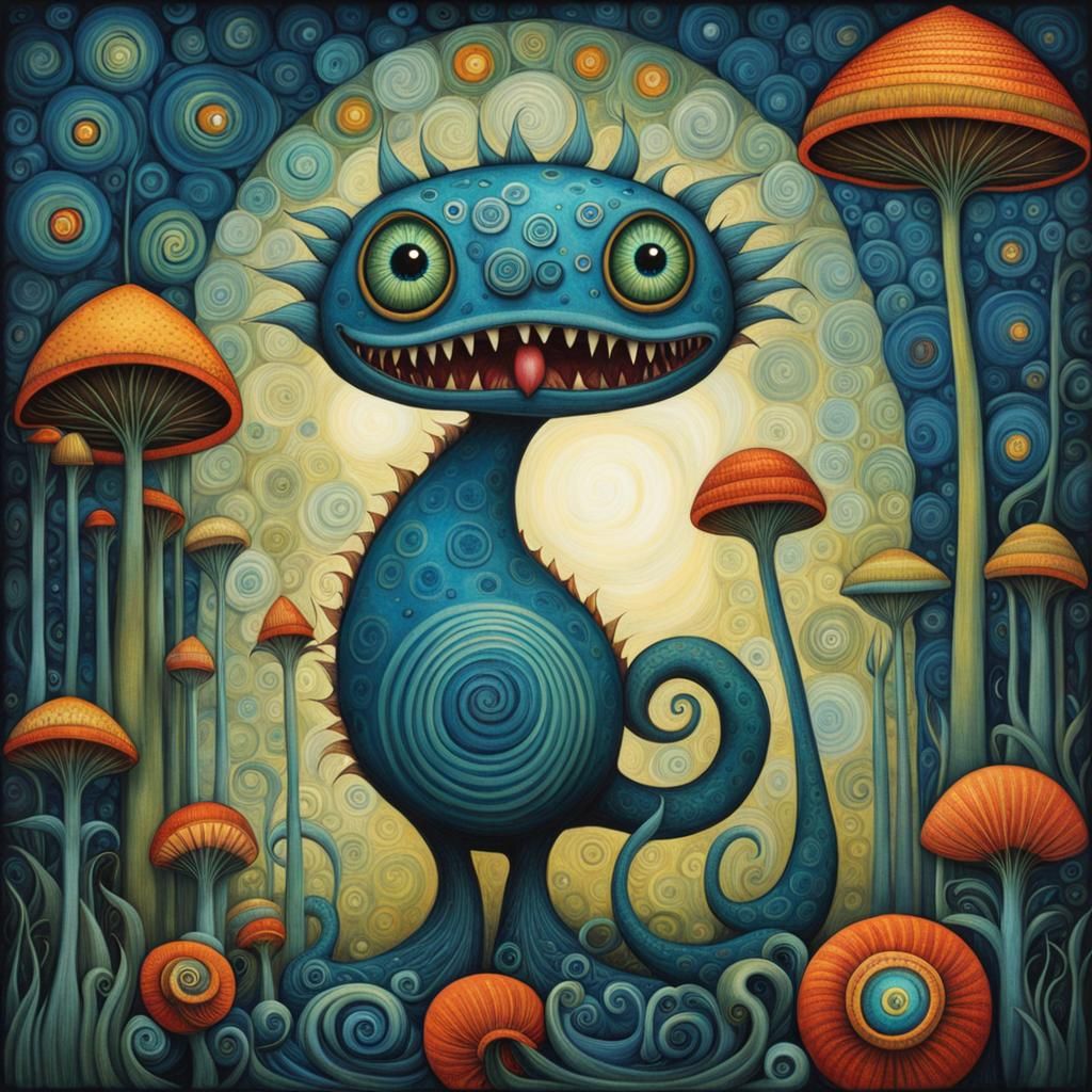 Cute Monster with Spiraling Eyes in Art Brut Style