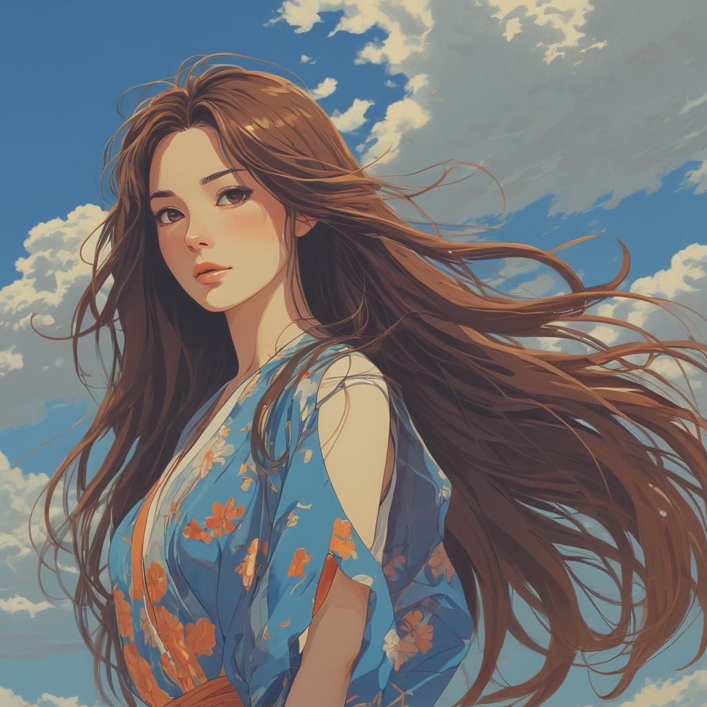 A stunning anime woman, huge flowing hair. Set against a bri...