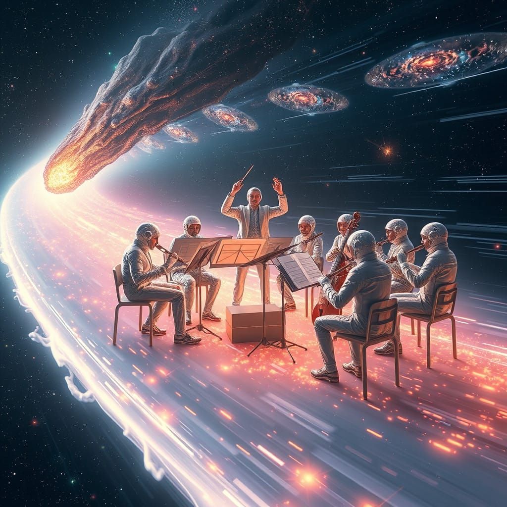 Futuristic Orchestra on Comet in Deep Space