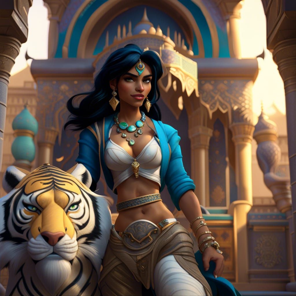 Warrior Princess Jasmine with Tiger, Hyperrealistic Art