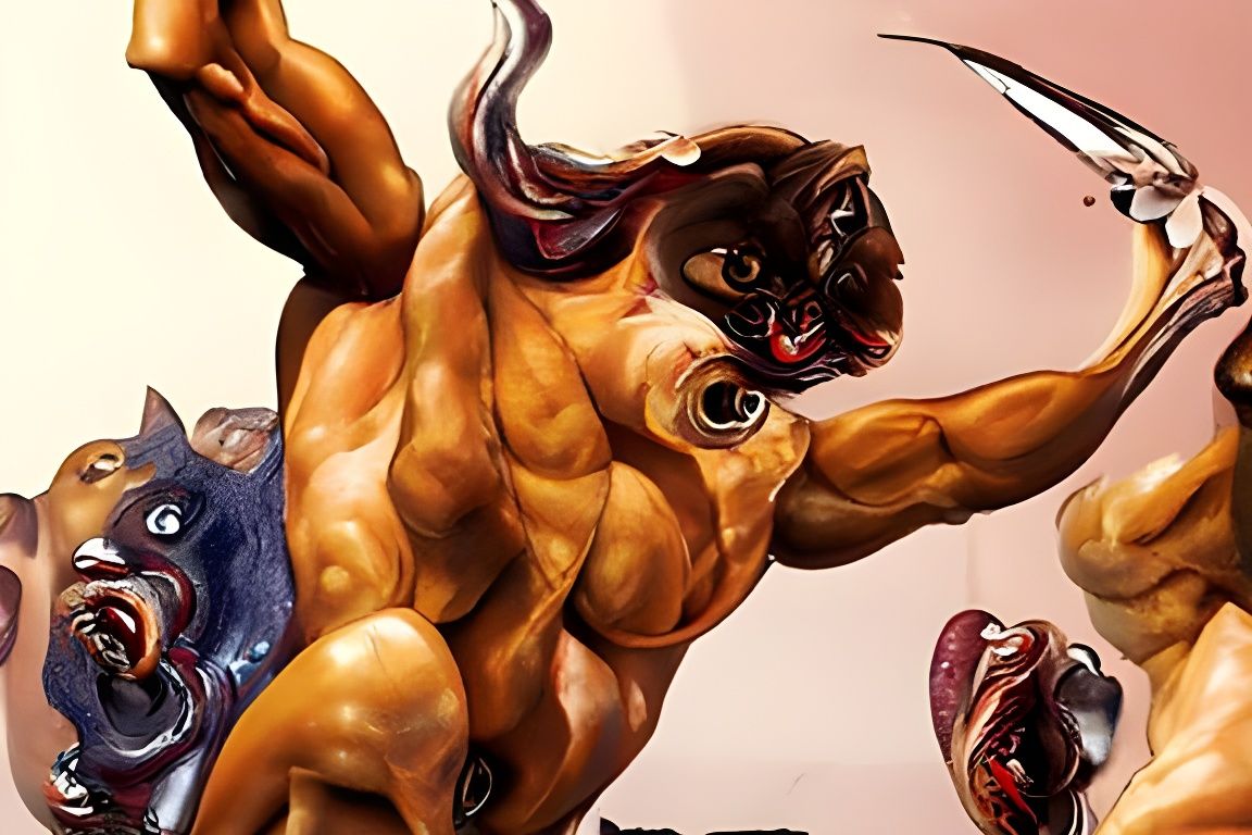 Man Pursued by Cat-Faced Beast in Hyperrealistic Painting