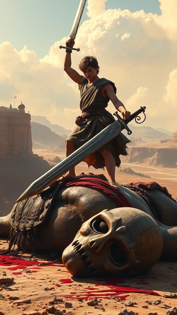 Triumphant David Defeats Giant Goliath in Medieval Fantasy
