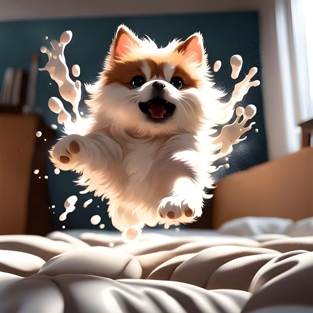 Adorable Pomeranian Mid-Jump: Splatter Art Digital Illustrat...