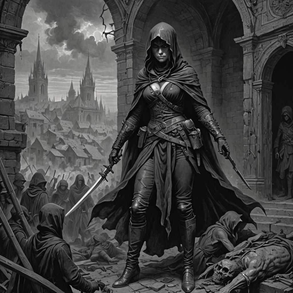 Horrifying Assassin Woman in Engraving Style