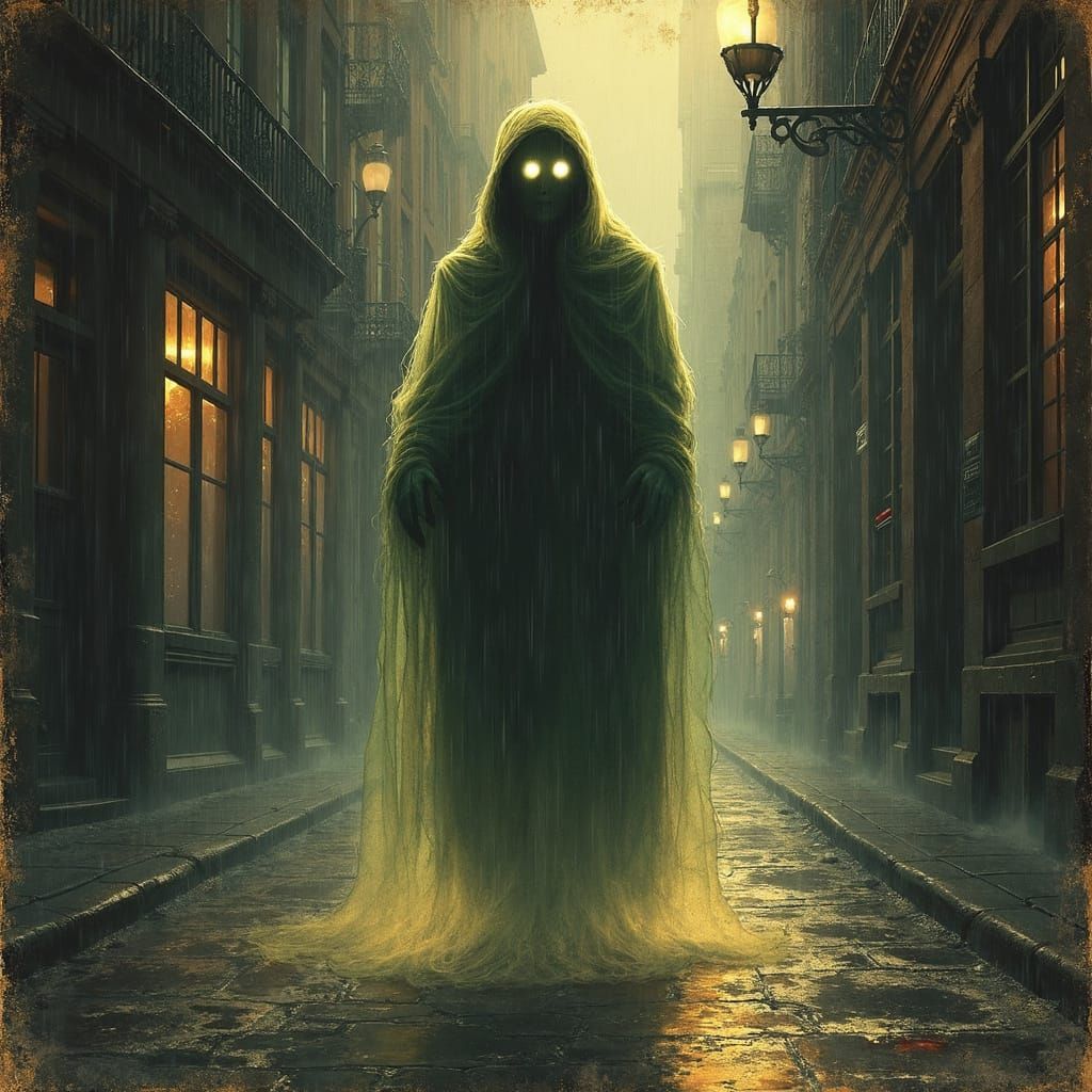 Spectral Figure in Rainy 1920s City, Noir Style