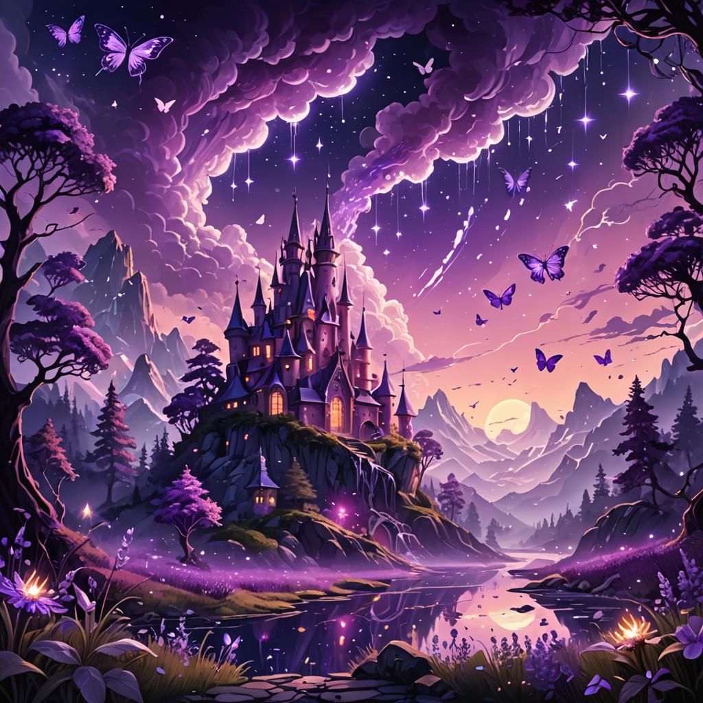 Purple Fantasy Landscape with Amethyst Crystals