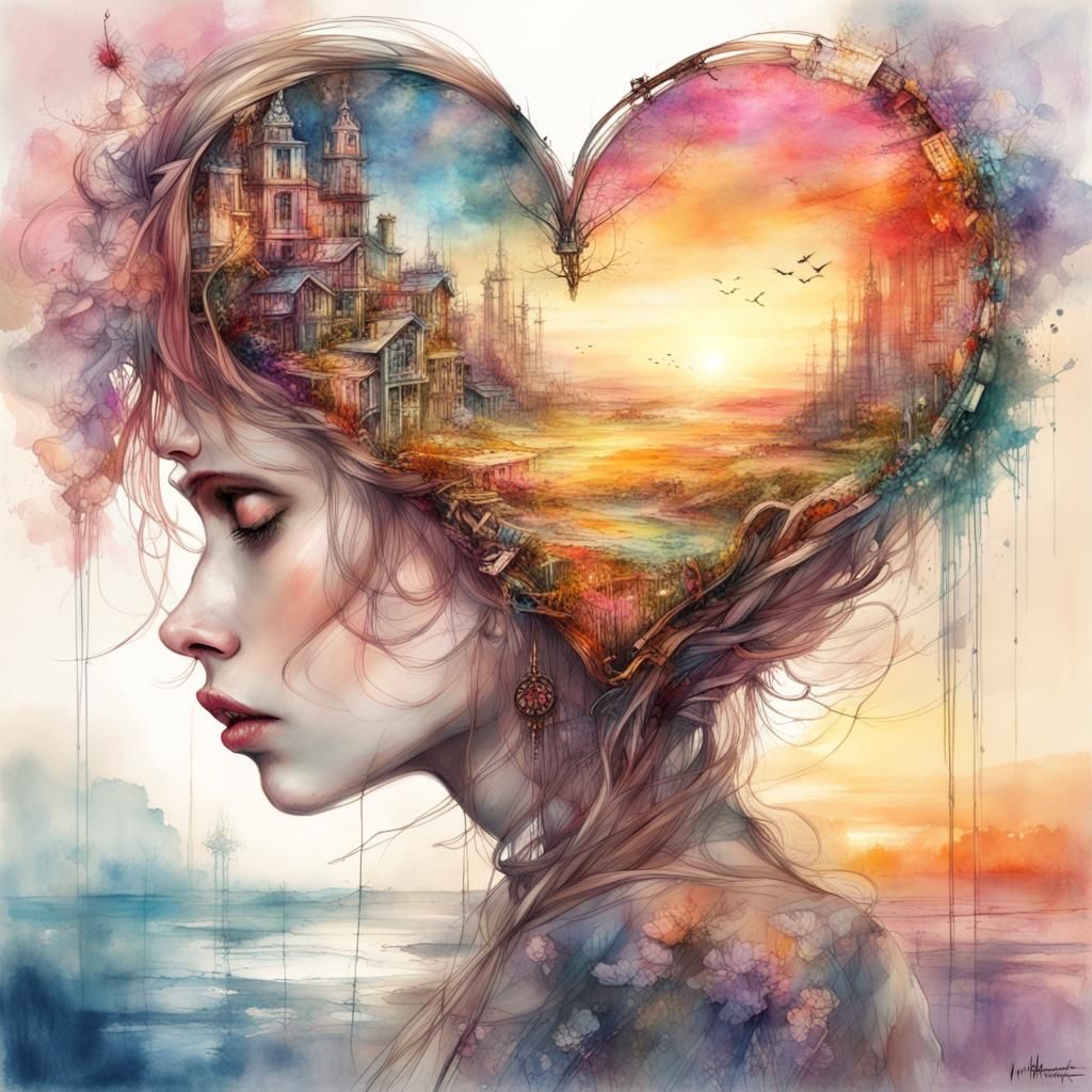 Clockwork Heart in Space Sunset, Watercolor Art