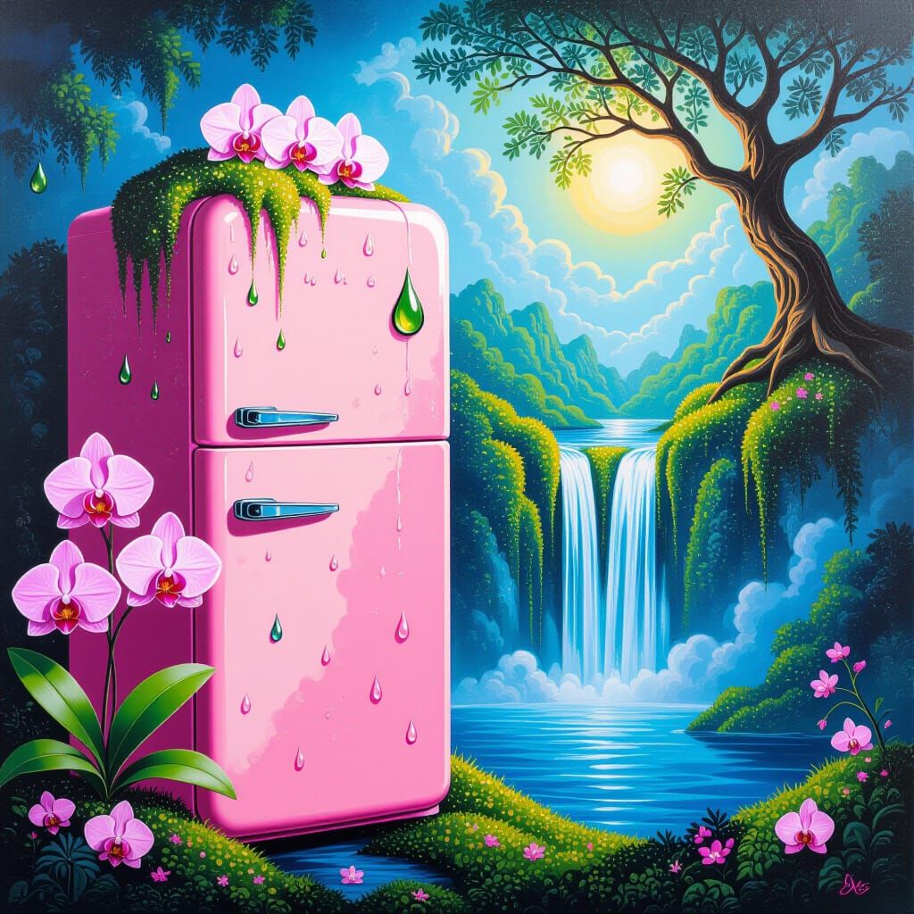 Surreal Pink Valley with Fridge Waterfall, Bosch Style