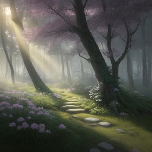 Anime Girl in Forest at Sunrise in 3D