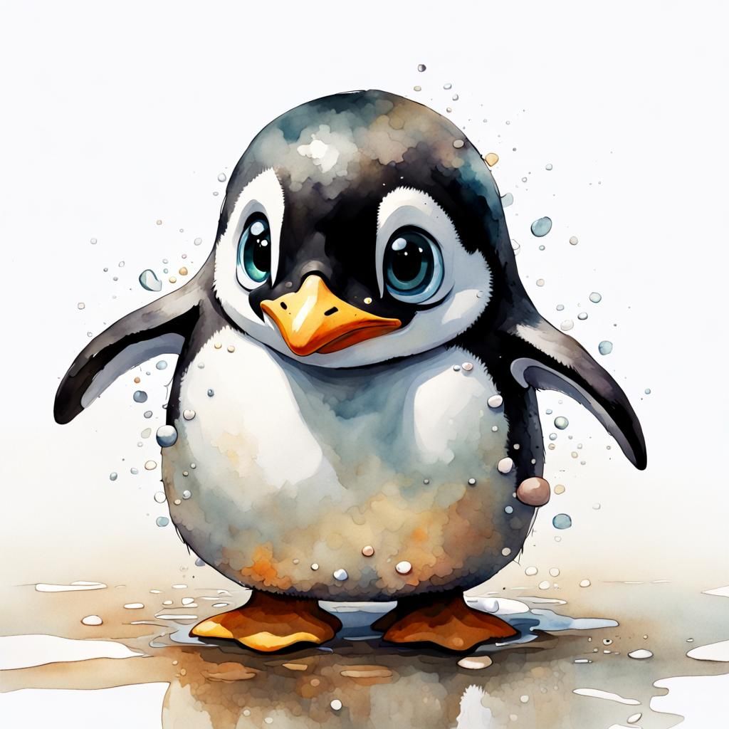 Adorable Chibi Penguin Portrait in Watercolor