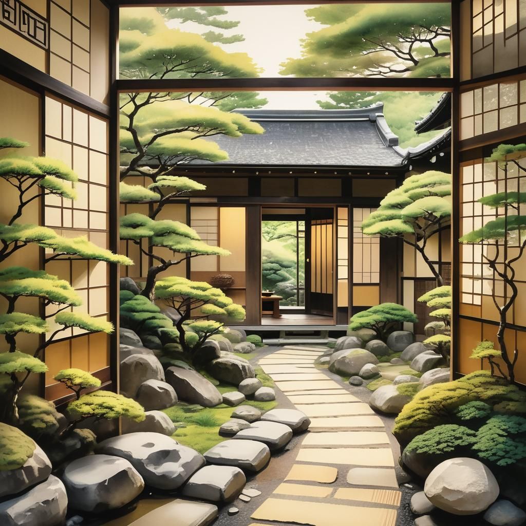 Serene Japanese House in Watercolor Style