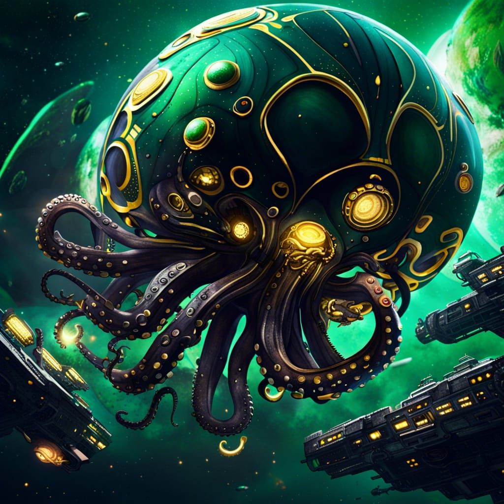 Octopus Spaceship Attacking Station: Detailed Matte Painting